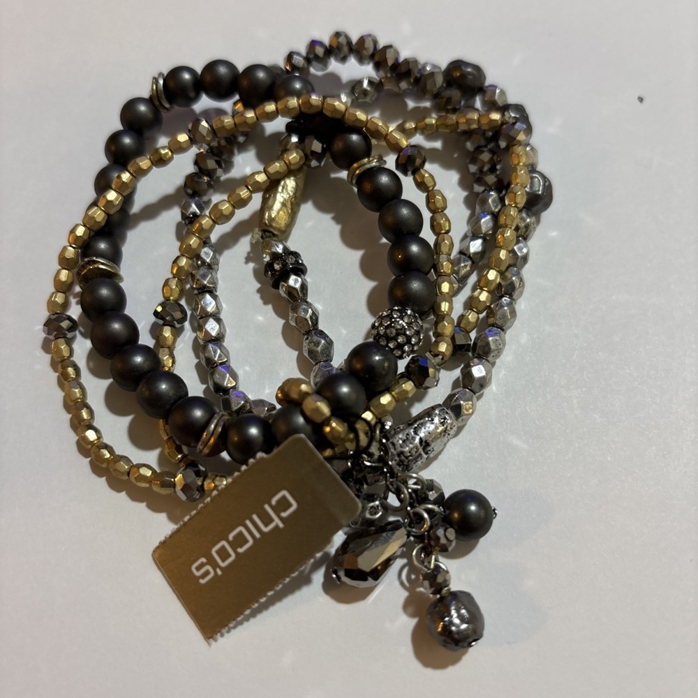 Chico's Idalia 5 Strand Bracelet Set Gunmetal Gold Silver Charms NWT $35